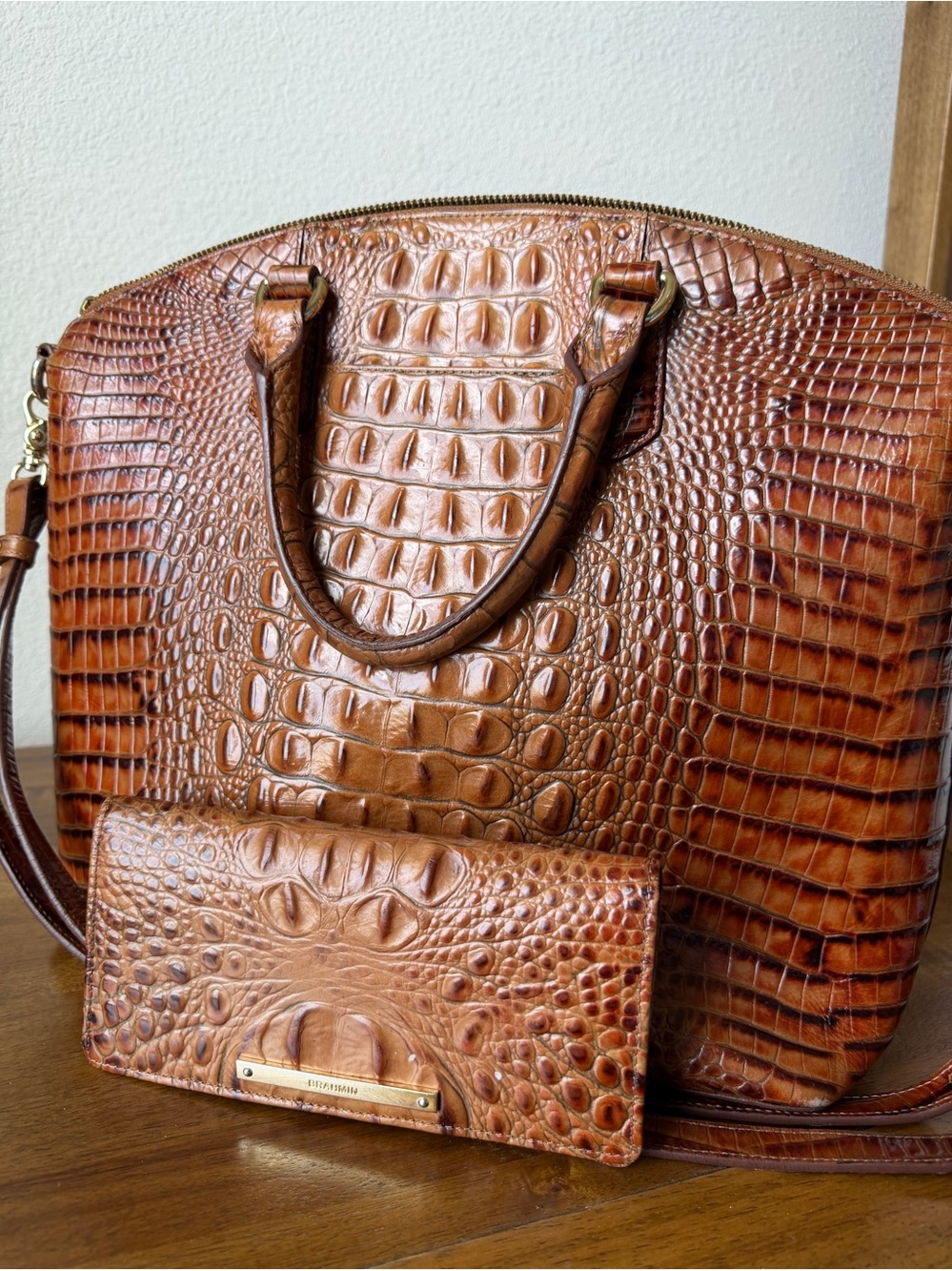 Brown Croc-Embossed Leather Satchel and Wallet Set